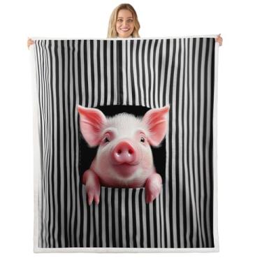 Imagem de Feelyou Cobertor infantil fofo de lã de porco rosa para bebês 76 cm x 101 cm cobertor de lã de ovelha com listras geométricas pretas e brancas para meninos e meninas cobertor de pelúcia adorável