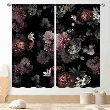 Imagem de Cortinas florais pretas, vintage rosa peônia boho, flor, boho, jardim, botânico, colorido, country, retrô, blackout para janela, tratamentos para quarto, sala de estar, banheiro, 2 painéis, 140 x 160