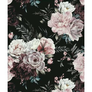 Imagem de Meihodan Papel de parede floral escuro vintage à prova d'água para contato preto/branco/rosa retrô rosa papel de parede autoadesivo para prateleiras de quarto armário gaveta decoração de mesa 45 cm x