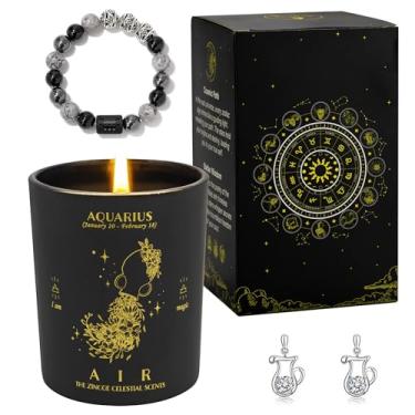Imagem de ZINCGE Conjunto de vela perfumada do zodíaco Aquarius para homens e mulheres – Vela de cristal de aroma rosa com pulseira e brincos, caixa de presente de astrologia, presentes de ano novo e celebração