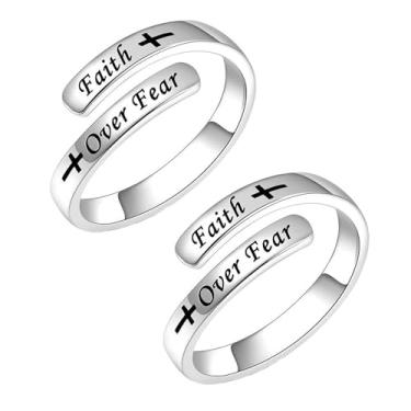 Imagem de Faith Over Fear Cross Anéis inspiradores para mulheres, filha, cristã, abençoada, amor, encorajamento, anéis, ajustável, aberto, minúsculo, pureza, envoltório de polegar, cruz, joias, formatura