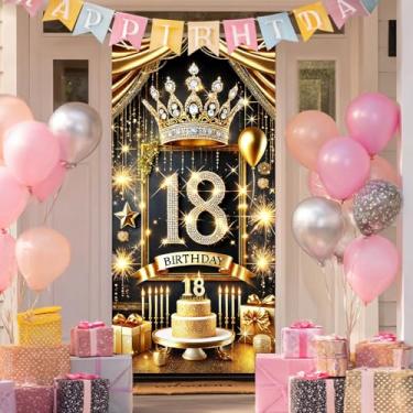 Imagem de HOMETITUTE Capa de porta de aniversário de 18 anos 188 x 89 cm, faixa de aniversário de ouro real para decoração de festa, coroa de bolo, presente de pano de fundo para mulheres e homens, decoração de