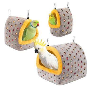 Imagem de VZZNN Casa de ninho de pássaros quente de inverno para gaiola, confortável cama de rede suspensa de pelúcia com placa de suporte, cabana de refúgio para papagaios grandes - araras, cinza africano