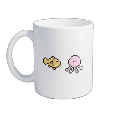 Imagem de Caneca Xícara de Café Porcelana 300ml Vida Marinha Peixes Polvos Baleias