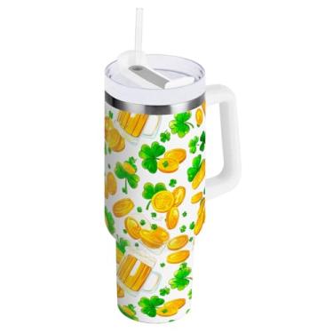 Imagem de Canecas de cerveja de 850 g Shamrocks Copo de água isolado com canudo e alça, copo a vácuo isolado com tampa 2 em 1