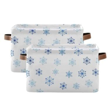 Imagem de Recipientes de armazenamento retangulares de tecido – cestas dobráveis de lona para banheiro, roupas, floco de neve, azul, branco, pacote com 2