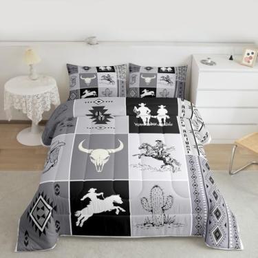 Imagem de Feelyou Conjunto de edredom ocidental casal, asteca do sudoeste, rústico, caubói, cavalo, edredom para quarto de crianças, meninos, meninas, vintage, decoração campestre cinza, microfibra ultramacia
