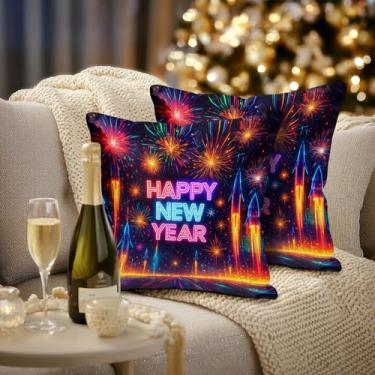 Imagem de HOMETITUTE Conjunto de 2 capas de almofada de linho feliz ano novo 45,7 x 45,7 cm macias decorativas neon fogos de artifício foguete capas de almofada rústica casa de fazenda férias inverno fronhas