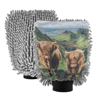 Imagem de ODAWA Luvas de lavagem de carro de microfibra de chenille, luva de espuma de canhão para lavagem de carro Highland Cows, 20,5 cm x 30 cm (pacote com 2)