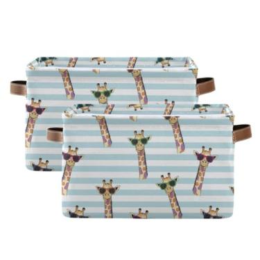 Imagem de Cestas de armazenamento de 36 cm com alças – cesto de roupa suja de tecido de lona para escritório em casa, quarto, girafa fofa azul e branca, pacote com 2
