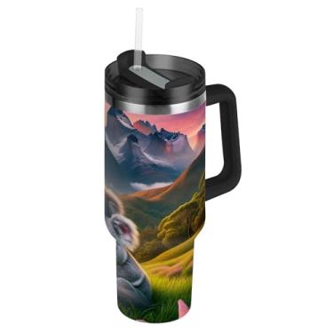 Imagem de Copos de aço inoxidável com tampas e canudos, coalas, montanha, pôr do sol, carinhos, copo de café, bebida quente, à prova de derramamento, copo de 850 g com alça garrafa de água isolada