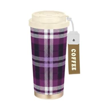Imagem de TSENQUE Copo de café de viagem 473 ml com tampa de canudo e filp, copo de parede dupla isolado a vácuo com revestimento cerâmico, xadrez clássico, roxo, preto