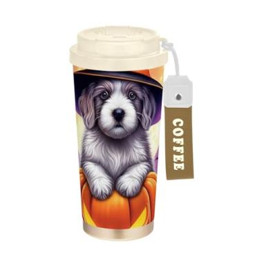 Imagem de TSENQUE Caneca de café de viagem 40 ml com canudo e tampa, revestimento cerâmico, isolada a vácuo, caneca de café de aço inoxidável à prova de vazamento, chapéu de bruxa fofo filhote de cachorro