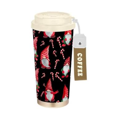 Imagem de TSENQUE Copo de café de 473 ml com tampa de canudo e filp, canecas de café de parede dupla isoladas a vácuo com revestimento cerâmico, desenho de gnomos pretos vermelhos e verdes