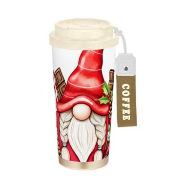 Imagem de TSENQUE Copo de café de 473 ml com tampa de canudo e filp, revestimento cerâmico, isolamento a vácuo, aço inoxidável, copo de café, à prova de vazamento, desenho animado vermelho de Natal em aquarela