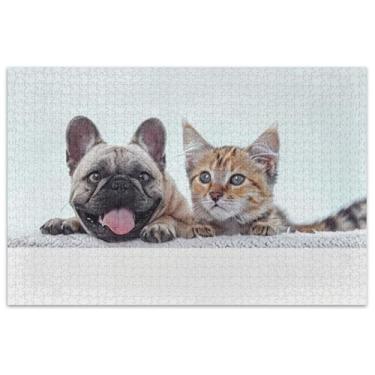 Imagem de Quebra-cabeça engraçado de cachorro e gato em um branco, 500 peças para adultos, quebra-cabeça grande, arte de flores
