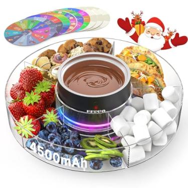 Imagem de FEPPO Conjunto de panela de fondue elétrica sem fio com luz de humor - 7 cartas de roleta e bandeja de servir destacável, máquina de derreter chocolate de 382 g, presente ideal para férias, família