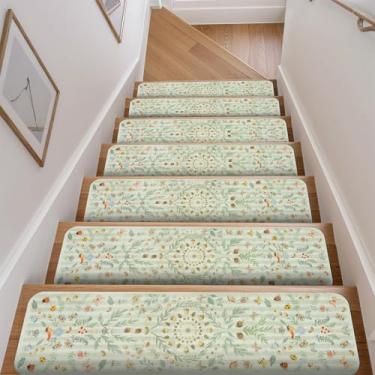 Imagem de OJIA Escadas antiderrapantes com estampa de insetos, corredores de escada de borracha para degraus de madeira, 15 peças de tapetes livres de resíduos para crianças e cães, 20 x 76 cm, bege