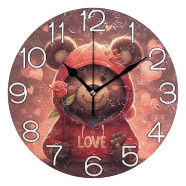 Imagem de GAIGEO Relógio de parede analógico decorativo estético silencioso sem tique-taque relógio de cozinha para escritório, arte de parede moderna, decoração de casa, urso rosa fofo, vermelho, 25 cm