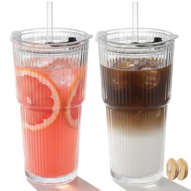 Imagem de Ruckae Garrafas de vidro de 540 ml com tampas, copos de vidro com tampas e canudos, copos de água para café, vitaminas, chá, suco (2, transparentes)