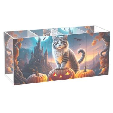 Imagem de TSENQUE Porta-canetas gato abóbora castelo lua bonito para mesa arte floral artesanato organizador acrílico papelário copo