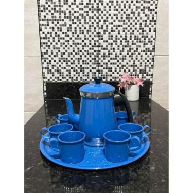 Imagem de Kit jogo de bule com 6 xícaras e bandeja café chá alumínio retro prêmio(Azul)