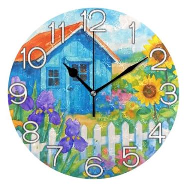 Imagem de Relógio de parede analógico decorativo divertido alimentado por bateria relógio de escritório cozinha, decoração de parede retrô moderna art déco, jardim vintage floral roxo amarelo, 25 cm, ponteiros