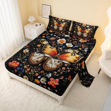 Imagem de AILONEN Jogo de cama king com flor de borboleta, floral colorido, 4 peças, para crianças, adolescentes, meninas, 1 lençol de cima + 1 lençol com elástico + 2 fronhas