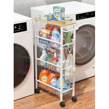 Imagem de Tujurich Carrinho de armazenamento fino com rodas que economiza espaço, carrinho organizador estreito de 4 camadas com tampo de madeira para cozinha, banheiro, lavanderia, espaços apertados, cor de