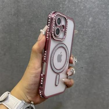 Imagem de Capa transparente com glitter e diamantes da moda para iPhone 16, 15, 14, 13, 12, 11 Pro Max Plus, pulseira magnética, cordão, rosa, para iPhone 14 ProMax
