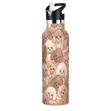 Imagem de Joisal Garrafa de água isolada para meninas de 590 ml com tampa de palha, Poodles fofos de desenho animado marrom bege garrafas de água escolar de aço inoxidável com alça, copos de viagem sem BPA para