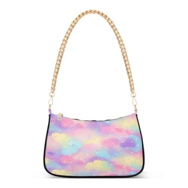 Imagem de Bolsa de ombro colorida com corrente rosa galáxia pastel, bolsa feminina Hobo com grande capacidade e zíper suave para uso diário ou festa