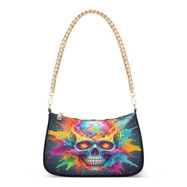 Imagem de Bolsa de ombro colorida com corrente de caveira, bolsa Hobo estampada artística para mulheres, bolsa clutch média moderna