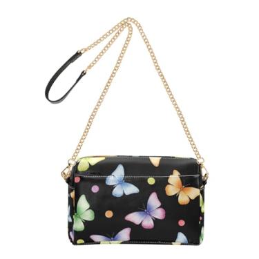 Imagem de Bolsa tiracolo feminina bolsa para celular alça de corrente couro PU bolsa de ombro aquarela borboletas bolinhas pretas