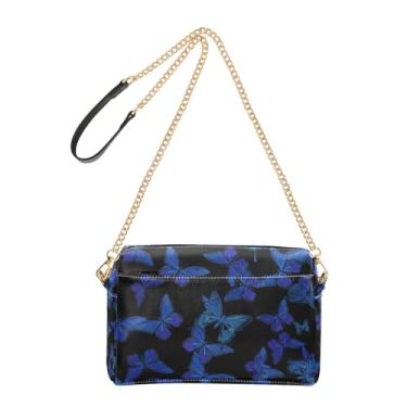 Imagem de Joitme Bolsa de ombro feminina transversal para telefone linda flor azul borboletas preto PU bolsa de ombro com alça de corrente