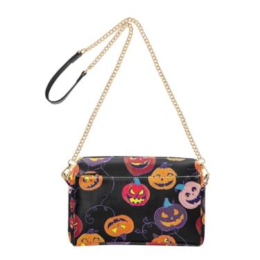 Imagem de Bolsa feminina transversal para celular bolsa de ombro de couro PU com alça de corrente Halloween abóboras preto desenho animado