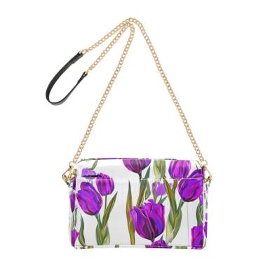 Imagem de Joitme Bolsa de ombro feminina transversal tulipas roxas floral branca bolsa de couro PU bolsa de ombro com alça de corrente