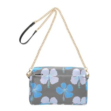 Imagem de Joitme Bolsa feminina tiracolo azul flores hibisco cinza bolsa de celular linda alça de corrente bolsa de ombro de couro PU