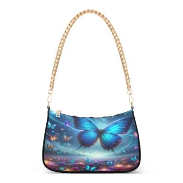 Imagem de Bolsa de ombro com corrente borboleta azul neon, bolsa Hobo com estampa artística para mulheres, bolsa média com grande capacidade