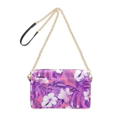 Imagem de Joitme Bolsa feminina transversal floral com folhas roxas tropicais para telefone bolsa de ombro de couro PU com alça de corrente