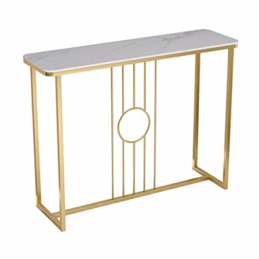 Imagem de Mesa de console, mesa de console, mesa de sofá de entrada de mármore falso com prateleiras, mesa de sofá estreita com moldura de aço, mesa de destaque para entrada, corredor, sala de estar, escritório