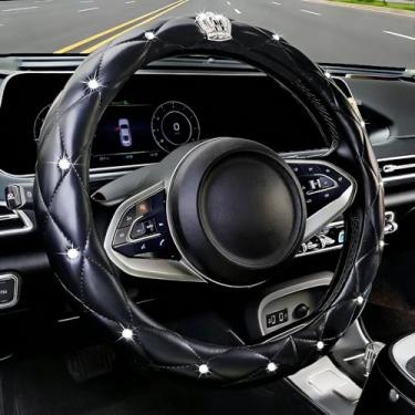 Imagem de Capa de volante feminina de strass brilhante com diamante de cristal universal 38 cm capa de volante de carro serve para SUVs, vans, sedans, carro (1-preto com coroa)
