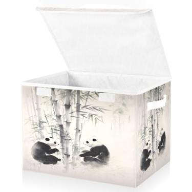 Imagem de Blueangle Cestos de armazenamento de bambu panda chinês com tampas, 42 x 32 x 30 cm, grande cesta organizadora dobrável para decoração de escritório e armário (255)