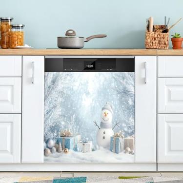 Imagem de xigua Linda capa magnética de boneco de neve de Natal, adesivos magnéticos decorativos antiarranhões para painel de geladeira e lava-louças, decoração personalizada de cozinha doméstica 58 x 66 cm