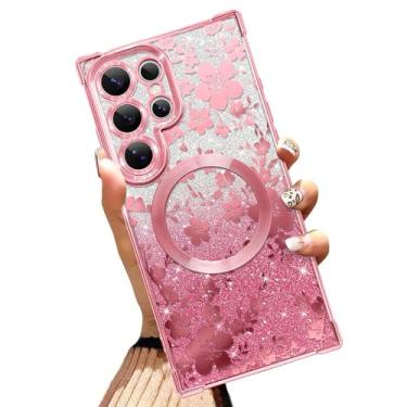Imagem de Illians Capa magnética feita para Samsung Galaxy S25 Ultra 6,9 polegadas Glitter Capa de telefone com design floral rosa flor de cerejeira cantos reforçados TPU macio à prova de choque Bling capa de