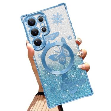 Imagem de Illians Capa magnética feita para Samsung Galaxy S25 Ultra 6,9 polegadas com glitter com design de borboleta azul cantos reforçados de TPU macio à prova de choque anti-arranhões Bling capa de telefone