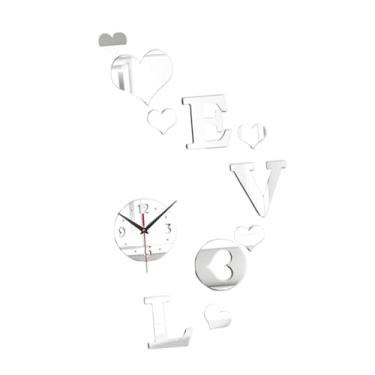 Imagem de Generic Relógio de parede em forma de coração para o Dia dos Namorados, relógio decorativo elegante, ornamento de arte de parede com tema de amor para, Prata