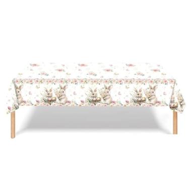 Imagem de JLCFUTURE 2 peças de toalhas de mesa para coelhos de Páscoa, decoração de festa de dia de Páscoa, coelhos, ovos, flores, primavera, verão, artigos de festa de aniversário, toalha de mesa