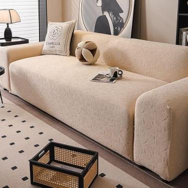 Imagem de Capa de sofá 1, 2, 3, 4 e 5 lugares, protetor móveis veludo grosso luxo, capa cor sólida, elástica para cadeira reclinável(Beige,2-seat 145-185cm)