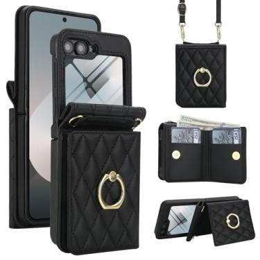 Imagem de Capa carteira para Samsung Galaxy Z Flip6, porta-cartões com suporte de anel de 360° e protetor de tela, capa protetora de couro PU TPU com fecho magnético para mulheres e homens (preto)